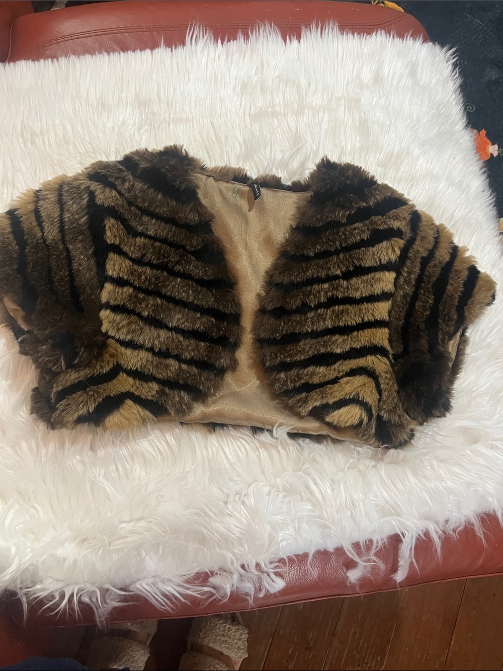 Striped Faux Fur Cropped Wrap in Brown & Black